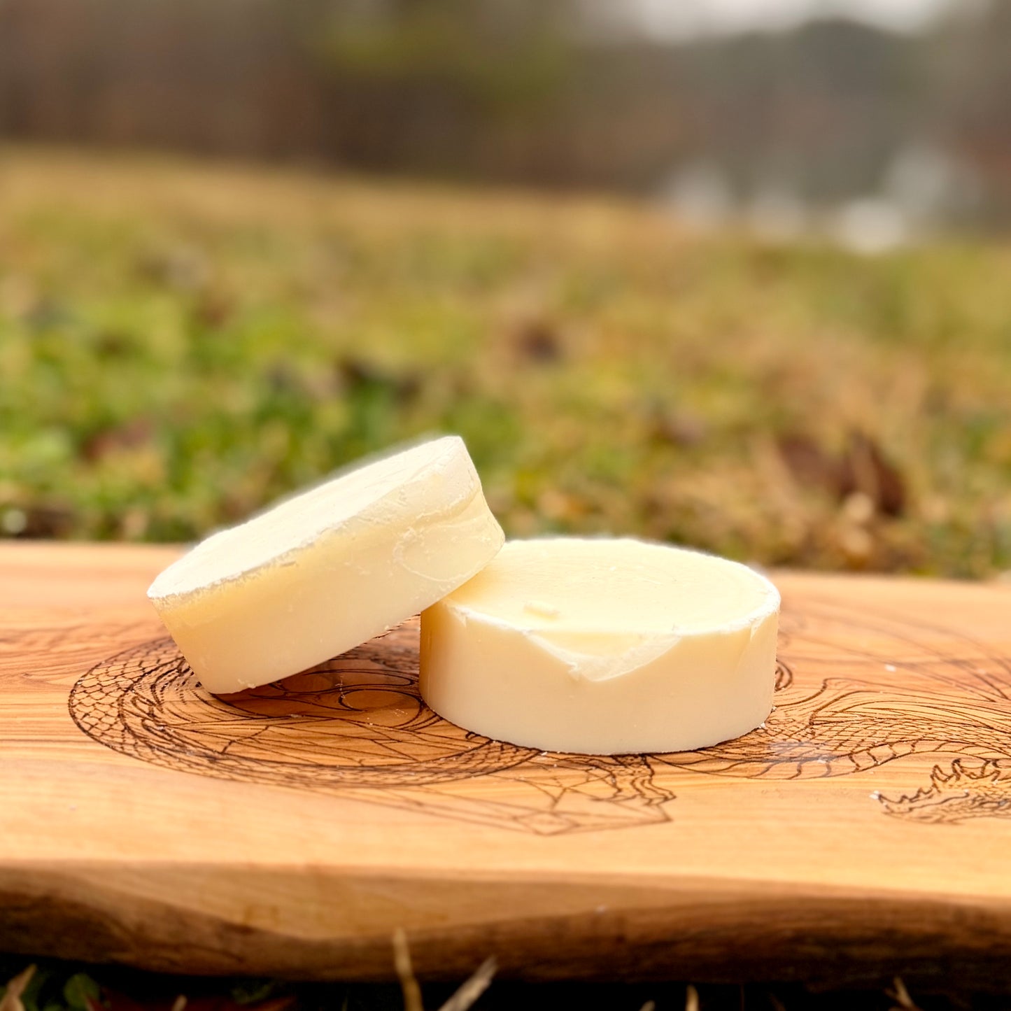 Round dish soaps on a wooden board in a natural setting