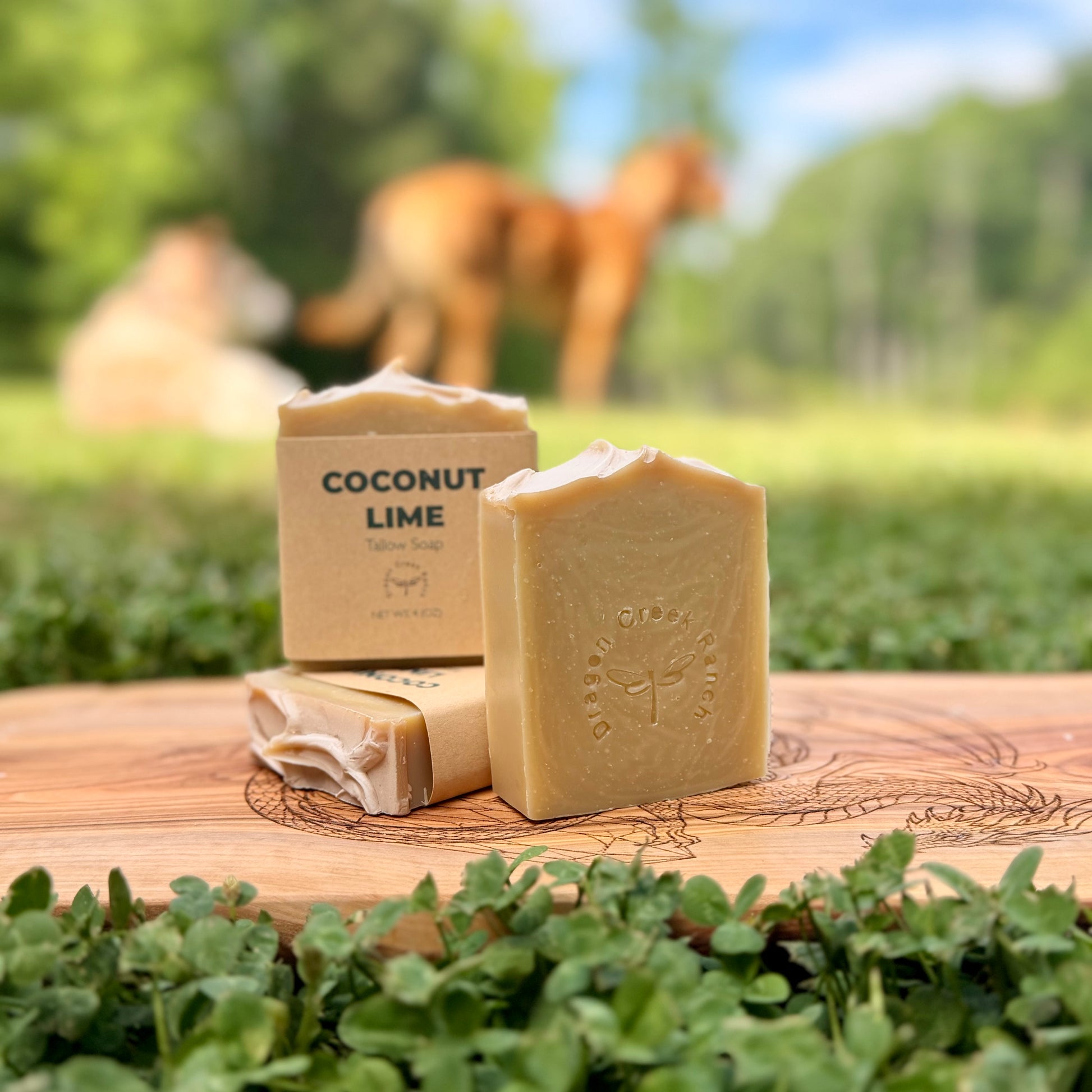 Three bars of soap on a wooden surface with a natural background