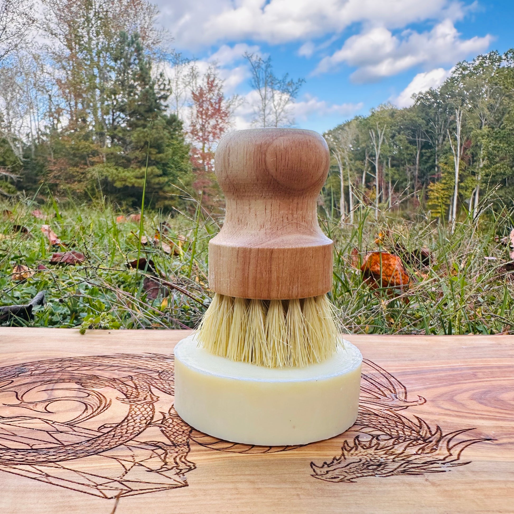 Wooden dish brush with and white round dish soap puck on a wooden surface with a natural background