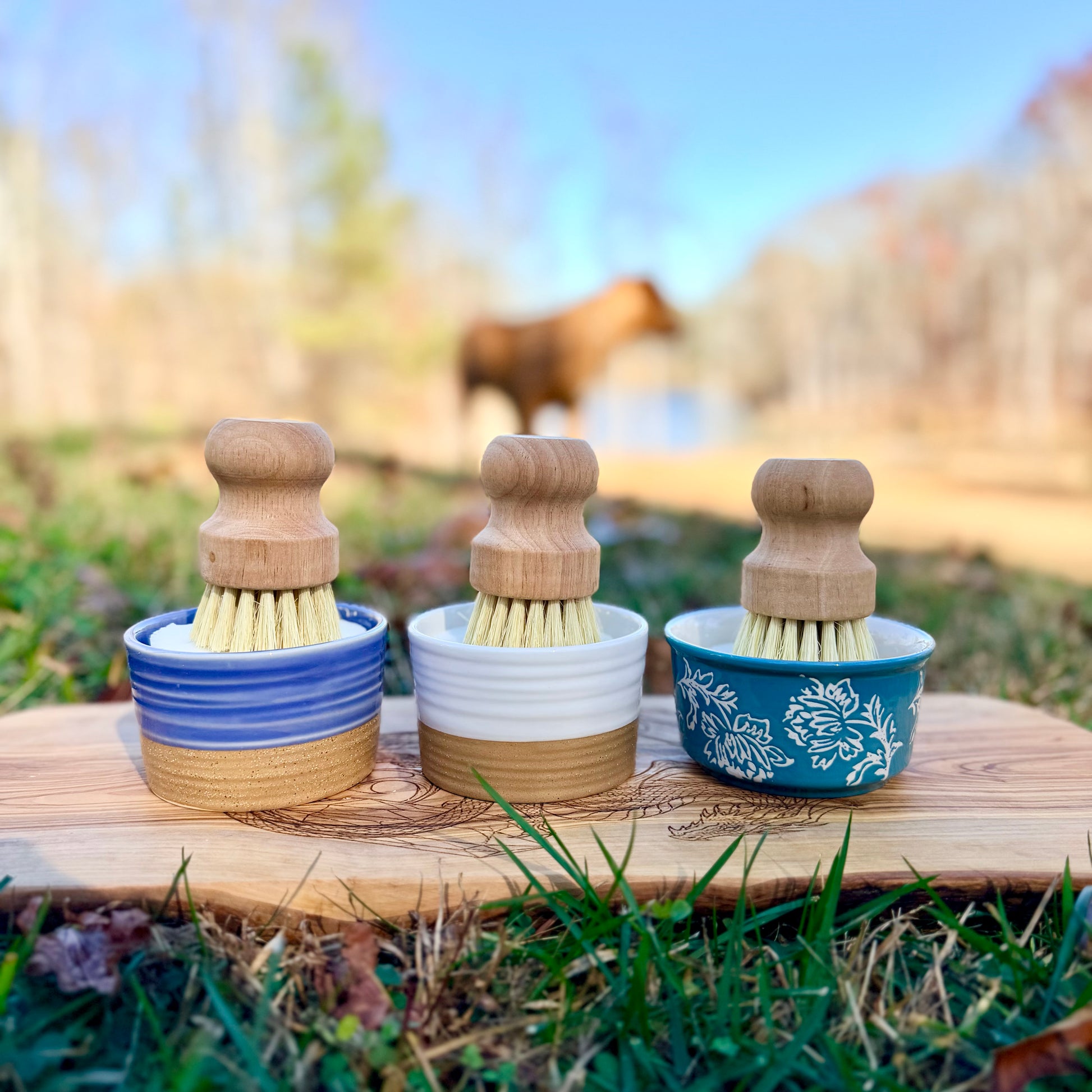 Three dish soaps and brushes in ceramic holders on a wooden surface with a blurred natural background