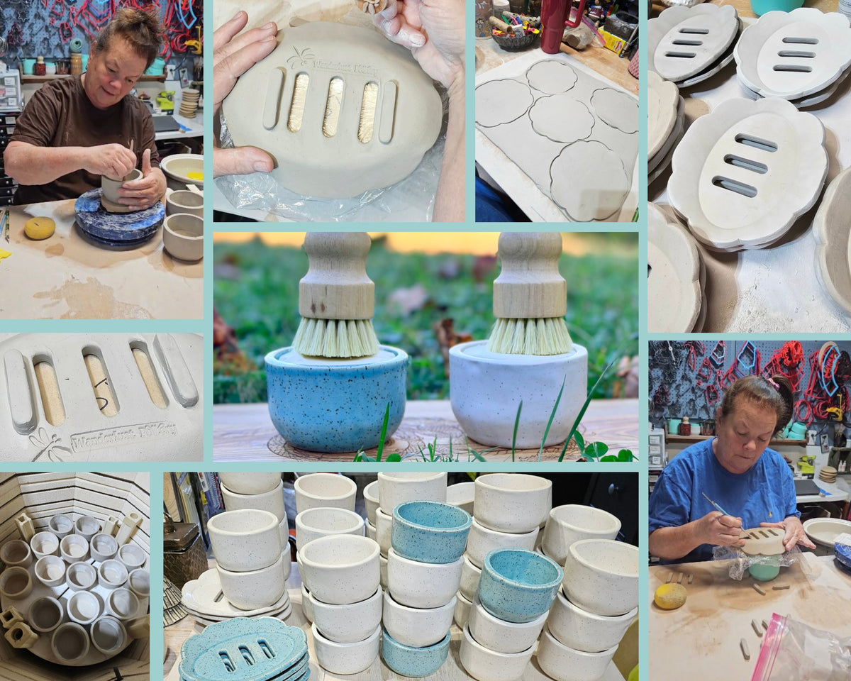 Wanderlust Pottery hand-making dragonfly-stamped soap trays and ramekins in Georgia, plus finished blue and white ramekin dish sets with scrub brushes